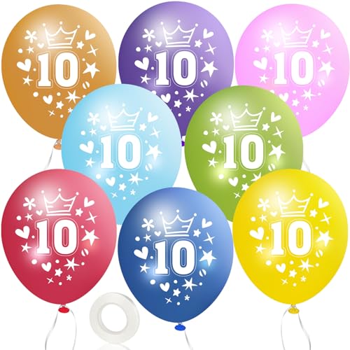 MUEZDUR 12 kunterbunte Luftballons 10. Geburtstag 30cm Luftballon Deko mit 1 Rollen Weiß Band, 10. Deko Geburtstag Mädchen Junge Jubiläum 10. Jahre Ballon Zahl 10 von MUEZDUR