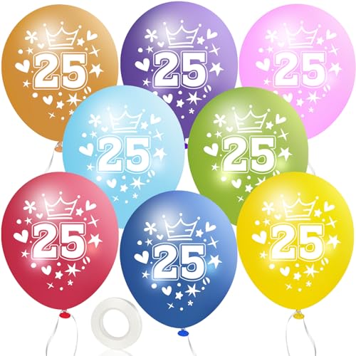 MUEZDUR 12 kunterbunte Luftballons 25. Geburtstag 30cm Luftballon Deko mit Weiß Band, 25 Frauen Männer Jubiläum 25. Jahre Deko 25 Silberhochzeit Ballon Zahl 25 von MUEZDUR