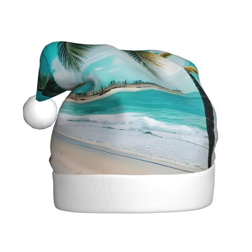 MUFLVDX Weihnachtsmütze mit Strandpalmen-Druck, für Erwachsene, Weihnachtsmannmütze für Damen und Herren, für Weihnachten, Neujahr, Urlaub, Partyzubehör von MUFLVDX