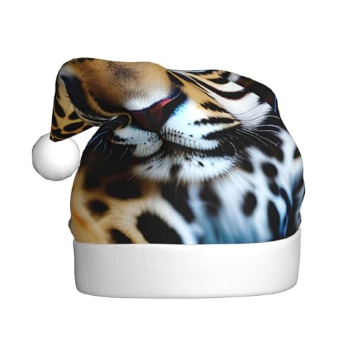 MUFLVDX Weihnachtsmütze mit niedlichem Jaguar-Druck, für Erwachsene, Nikolausmütze für Damen und Herren, für Weihnachten, Neujahr, Urlaub, Partyzubehör von MUFLVDX