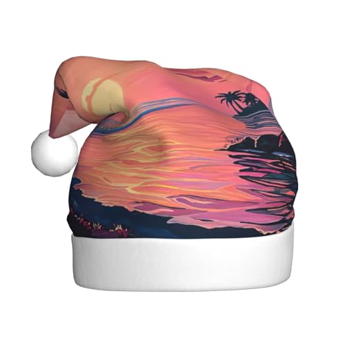 MUFLVDX Weihnachtsmütze mit tropischem Sonnenuntergang-Druck, für Erwachsene, Weihnachtsmannmütze für Damen und Herren, für Weihnachten, Neujahr, Urlaub, Partyzubehör von MUFLVDX