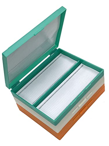 MUHWA Aufbewahrungsbox für Objektträger aus Kunststoff mit 100 Plätzen, 3 Packungen Objektträgerbox aus Kunststoff, farblich sortiert, grün, orange, weiß von MUHWA