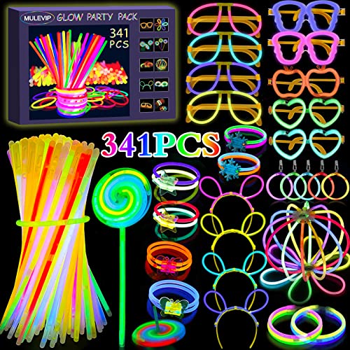 MULEVIP 341 Stück Knicklichter Party Set Glow Sticks Leuchtstäbe Kinder,Neon Leuchtarmbänder Hochzeit Leuchtspielzeug für Deko,Neuem Kreisel,Lutscher von MULEVIP