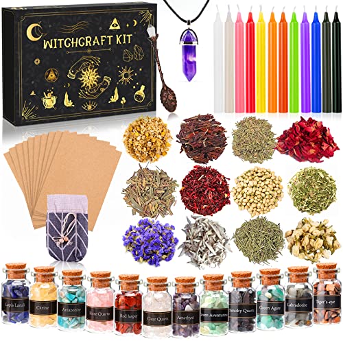 MULEVIP Starter Witch Kit 52 Stück Witchcraft Kit,Kerzen Kleine,Trockenblumen,Kristallen,Messlöffel,Pergamentpapier,Getrommelte Edelstein-Kristallchips für Chimes,Magie,Hexerei von MULEVIP