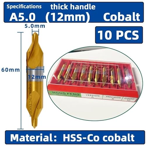 SIQI HSS Kombi-Zentrierbohrer Ti-beschichtet 60° Senker Winkelbohrer-Set 6-teilig 1,0-5mm Metall-Zentrierbohrer Drehbank W6542 M35(A5.0 (12mm) Cobalt) von MULONGOR