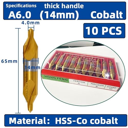 SIQI HSS Kombi-Zentrierbohrer Ti-beschichtet 60° Senker Winkelbohrer-Set 6-teilig 1,0-5mm Metall-Zentrierbohrer Drehbank W6542 M35(A6.0 (14mm) Cobalt) von MULONGOR