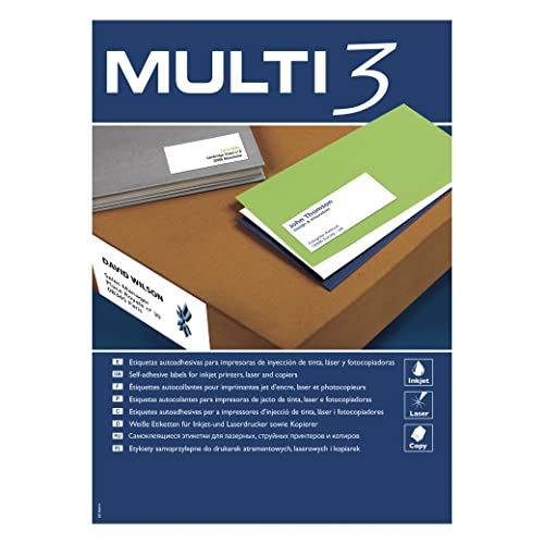 MULTI 3 12549 Klebeetiketten für Druck, Inkjet Laser und Kopierer, 210 x 99 mm, 100 Blatt von MULTI 3