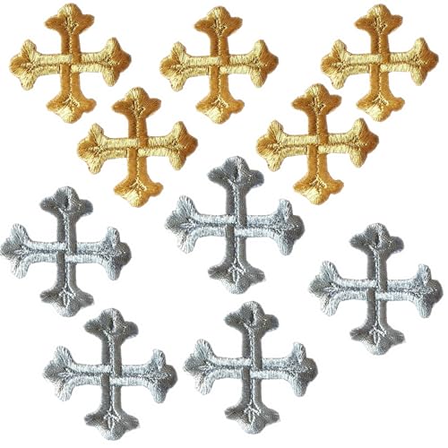 10 Stück dekorative Kreuz-Stickerei-Flicken in Gold und Silber, religiöse Applikation, zum Aufbügeln, Embleme, Nähen, DIY, Kleidung, Jacke, Hut, Tasche, Jeans, Handwerk, Dekor (Gold + Silber) von MUMAYA