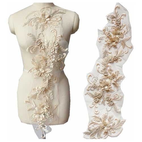 3 Stück/Set DIY 3D Blumenstickerei Spitzenborten Perlen Spitze Applikation Blume Patches Floral Mesh Patch Perlen Strass Hochzeitskleid Stoff DIY Nähen Handwerk (Champagner) von MUMAYA