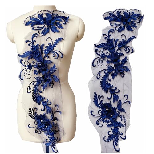 3 Stück/Set DIY 3D Blumenstickerei Spitzenborten Perlen Spitze Applikation Blume Patches Floral Mesh Patch Perlen Strass Hochzeitskleid Stoff DIY Nähen Handwerk (Dunkelblau) von MUMAYA