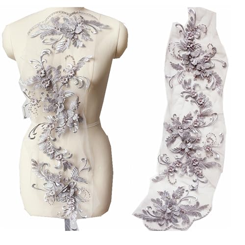3 Stück/Set DIY 3D Blumenstickerei Spitzenborten Perlen Spitze Applikation Blume Patches Floral Mesh Patch Perlen Strass Hochzeitskleid Stoff DIY Nähen Handwerk (Grau) von MUMAYA