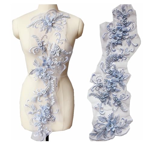 3 Stück/Set DIY 3D Blumenstickerei Spitzenborten Perlen Spitze Applikation Blume Patches Floral Mesh Patch Perlen Strass Hochzeitskleid Stoff DIY Nähen Handwerk (Hellblau) von MUMAYA