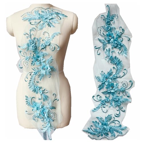 3 Stück/Set DIY 3D Blumenstickerei Spitzenborten Perlen Spitze Applikation Blume Patches Floral Mesh Patch Perlen Strass Hochzeitskleid Stoff DIY Nähen Handwerk (Seeblau) von MUMAYA