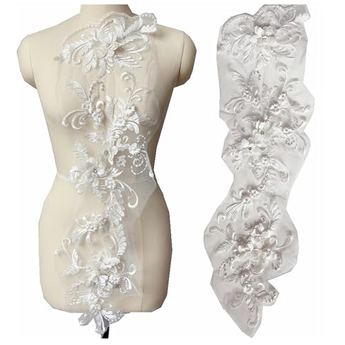 3 Stück/Set DIY 3D Blumenstickerei Spitzenborten Perlen Spitze Applikation Blume Patches Floral Mesh Patch Perlen Strass Hochzeitskleid Stoff DIY Nähen Handwerk (Weiß) von MUMAYA