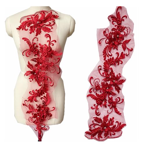 3 Stück/Set DIY 3D Blumenstickerei Spitzenborten Perlen Spitze Applikation Blume Patches Floral Mesh Patch Perlen Strass Hochzeitskleid Stoff DIY Nähen Handwerk (rot) von MUMAYA