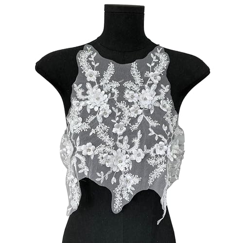 3D-Blumen-Spitzenapplikation, bestickt, Netzstoff, Mieder-Panel mit Perlenblumen, zum Aufnähen, DIY, Kleidung, Hochzeitskleid, Brautkleid, Tasche, Handwerk (weiß) von MUMAYA