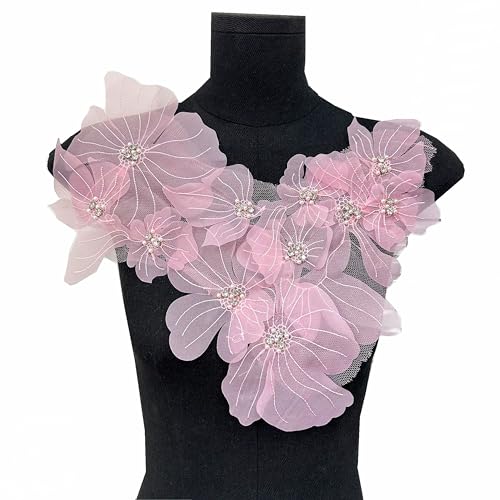 3D-Blumenapplikation, Halsteil, Organza-Blumenaufnäher mit Strasssteinen, bestickter Aufnäher, DIY, Brautkleid, Kopfbedeckung, Dekoration (Rosa) von MUMAYA