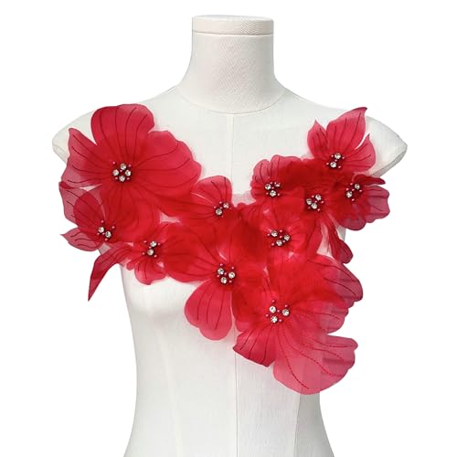 3D-Blumenapplikation, Halsteil, Organza-Blumenaufnäher mit Strasssteinen, bestickter Aufnäher, DIY, Brautkleid, Kopfbedeckung, Dekoration (rot) von MUMAYA