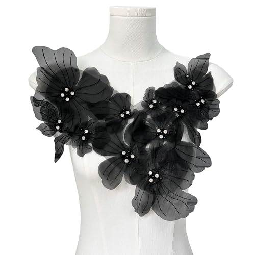 3D-Blumenapplikation, Halsteil, Organza-Blumenaufnäher mit Strasssteinen, bestickter Aufnäher, DIY, Brautkleid, Kopfbedeckung, Dekoration (schwarz) von MUMAYA