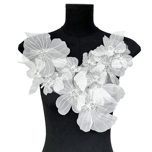 3D-Blumenapplikation, Halsteil, Organza-Blumenaufnäher mit Strasssteinen, bestickter Aufnäher, DIY, Brautkleid, Kopfbedeckung, Dekoration (weiß) von MUMAYA