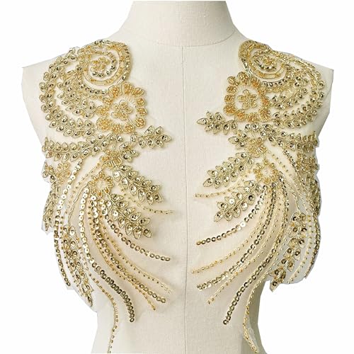 Aufnäher mit Pailletten, Blumenmuster, Verzierung, Stickerei-Flicken zum Aufnähen, Brautschmuck, Hochzeitskleid, Dekoration (Gold) von MUMAYA