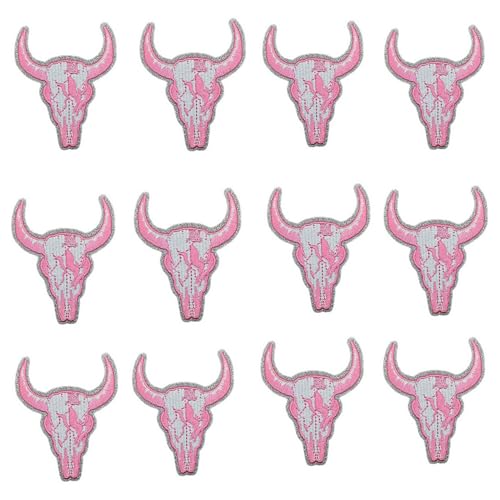Aufnäher zum Aufbügeln, Motiv: Bullenschädel, Western-Cowboy, Stickerei, Applikation, Cartoon, Ochsenkopf, bestickt, für Kleidung, Rucksack, Tasche, T-Shirt, Hut, Westen, Jacken, 12 Stück (Rosa) von MUMAYA