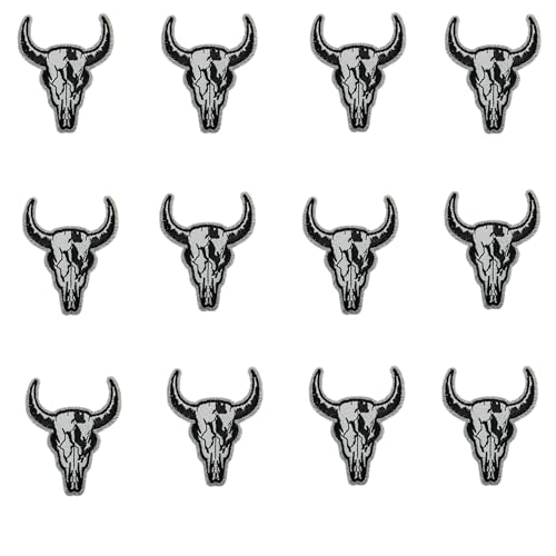 Aufnäher zum Aufbügeln, Motiv: Bullenschädel, Western-Cowboy, Stickerei, Applikation, Cartoon, Ochsenkopf, bestickt, für Kleidung, Rucksack, Tasche, T-Shirt, Hut, Westen, Jacken, 12 Stück (schwarz) von MUMAYA