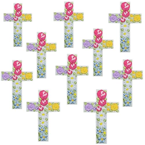 Dekoratives Kreuz-Flicken-Set, Blumenstickerei, bunt, religiöse Kreuze, zum Aufbügeln, Applikationen für Kleidung, Jacken, Jeans, Rucksäcke, Handwerk, 10 Stück (Stil 1) von MUMAYA