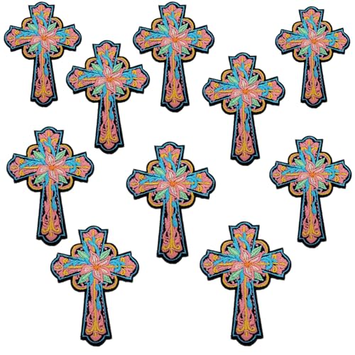 Dekoratives Kreuz-Flicken-Set, Blumenstickerei, bunt, religiöse Kreuze, zum Aufbügeln, Applikationen für Kleidung, Jacken, Jeans, Rucksäcke, Handwerk, 10 Stück (Stil 2) von MUMAYA