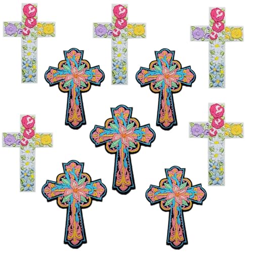 Dekoratives Kreuz-Flicken-Set, Blumenstickerei, bunt, religiöse Kreuze, zum Aufbügeln, Applikationen für Kleidung, Jacken, Jeans, Rucksäcke, Handwerk, 10 Stück (Stil 3) von MUMAYA