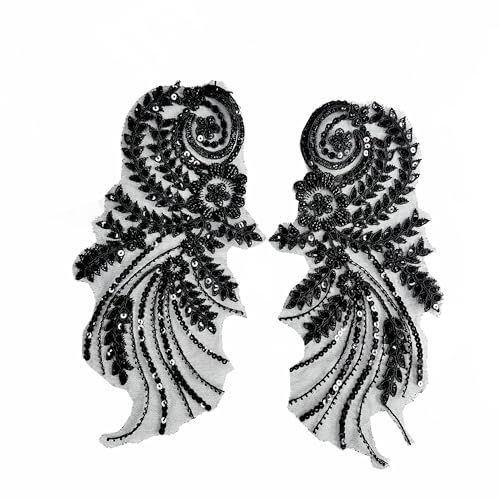 Goldene schwarze und weiße Pailletten-Applikation, Blumendesign, Verzierung, Stickerei-Flicken zum Aufnähen, Brautschmuck, Hochzeitskleid, Dekoration (schwarz) von MUMAYA