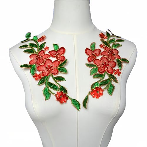Goldener Faden Pfingstrosen Blume Stickerei Applikation Aufbügler Stoff Floral Patch für Kleidung Kleid Jacke Jeans Kostüme Hemd Tasche DIY Handwerk Aufkleber (rot) von MUMAYA