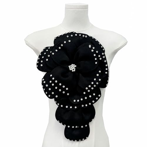 Handgefertigter mehrschichtiger Stoff, 3D-Brustblumen-Patches, Broschen, Nähapplikation für DIY-Frauenkleidung, Kristall-Perlen, Revers, Hochzeit, Abendparty, Kleid, Zubehör, Geschenk (schwarz) von MUMAYA