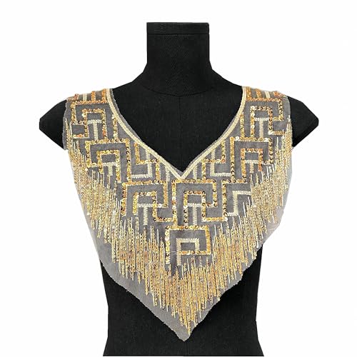 Luxuriöse goldene Pailletten-Mesh-Ausschnitt-Applikation, Perlen, bestickter Kragenaufnäher, V-Ausschnitt-Design, DIY, Nähen, Handwerk (Stil 1) von MUMAYA