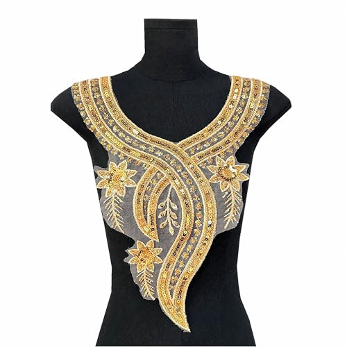 Luxuriöse goldene Pailletten-Mesh-Ausschnitt-Applikation, Perlen, bestickter Kragenaufnäher, V-Ausschnitt-Design, DIY, Nähen, Handwerk (Stil 2) von MUMAYA