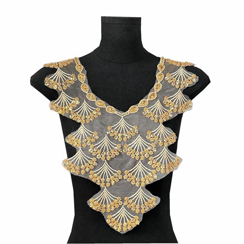 Luxuriöse goldene Pailletten-Mesh-Ausschnitt-Applikation, Perlen, bestickter Kragenaufnäher, V-Ausschnitt-Design, DIY, Nähen, Handwerk (Stil 3) von MUMAYA