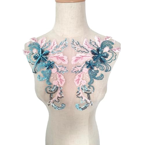 Netz-Pailletten-Stickerei-Applikation, Blumenspitze, zum Aufnähen, für Kleidung, Kleid, Hochzeitskleid, Dekoration, 1 Paar (rosa + blau) von MUMAYA