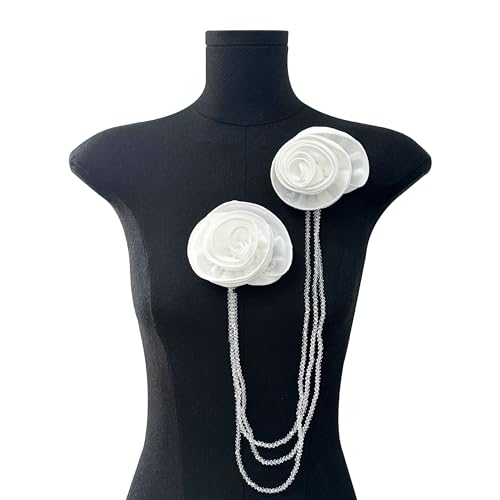 Organza-Brosche mit Kristallkette, Blume, Nagelperle, Quaste, Brustaufnäher, Stickapplikation, Nähen für Kleidung, Kleid, Mantel, Tasche, Dekoration (weiß) von MUMAYA