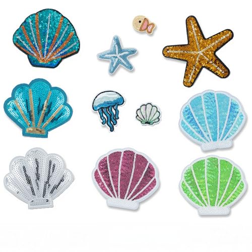 Pailletten-Patches mit Meeresmotiven, Muscheln, Seestern, Quallen, zum Aufbügeln, dekorative Marine-bestickte Aufnäher, Designs für DIY-Kleidung, Kinder, Kleid, Hut, Jeans, Dekoration, 11 Stück von MUMAYA