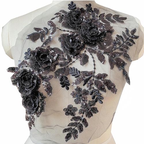 Pailletten-Stickerei, Spitze, Blumen, bestickte Applikation für Kleidung, Hochzeitskleid, Rock, Kostüme, handgefertigte Reparatur, Handwerk (schwarz) von MUMAYA