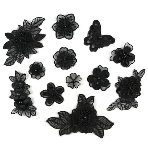 Schwarz Weiß 3D Blumenstickerei Applikation Schmetterling Blume Spitzenbesatz Bestickte Patches Organza Aufnäher DIY Kleidung Hochzeitskleid Tasche Nähen Handwerk Dekorationen 12 Stück (Schwarz) von MUMAYA