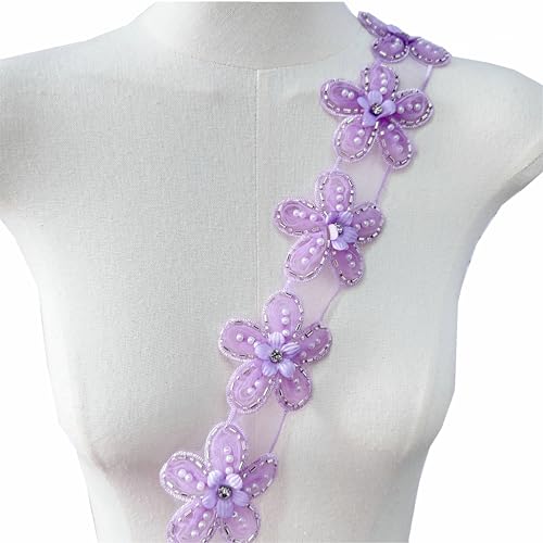 Spitzenstoff Perlen 3D Perlen Blumen Stickerei Band Rand für DIY Nähen Ausschnitt Dekor 10 Stück (lila) von MUMAYA
