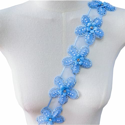 Spitzenstoff Perlen 3D Perlen Blumen Stickerei Band Trim Rand für DIY Nähen Ausschnitt Dekor 10 Stück (Blau) von MUMAYA
