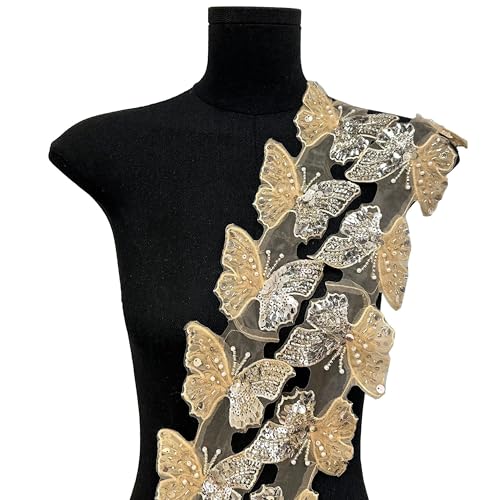 Tüll Schmetterling Spitzenbesatz 3D Pailletten bestickte Applikation Nähen Patches DIY für Kleidung Hochzeitskleid Hut Schal Home Party Dekoration 10 Stück (Khaki) von MUMAYA