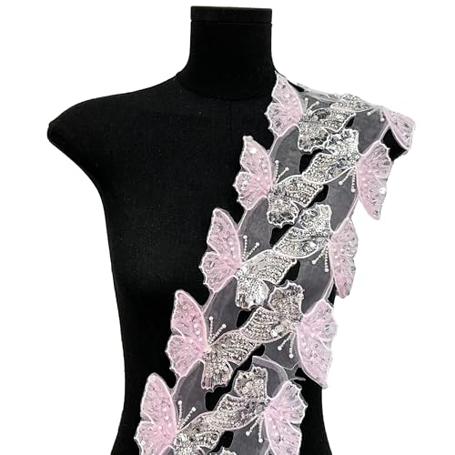Tüll Schmetterling Spitzenbesatz 3D Pailletten bestickte Applikation Nähen Patches DIY für Kleidung Hochzeitskleid Hut Schal Home Party Dekoration 10 Stück (Rosa) von MUMAYA
