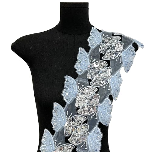 Tüll Schmetterling Spitzenbesatz 3D Pailletten bestickte Applikation Nähen Patches DIY für Kleidung Hochzeitskleid Hut Schal Home Party Dekoration 10 Stück (blau) von MUMAYA