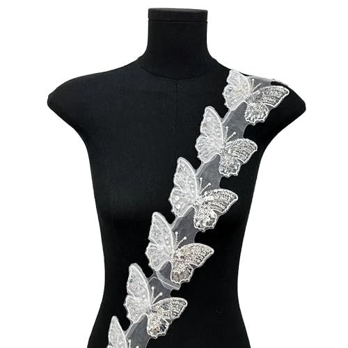 Tüll Schmetterling Spitzenbesatz 3D Pailletten bestickte Applikation Nähen Patches DIY für Kleidung Hochzeitskleid Hut Schal Home Party Dekoration 10 Stück (weiß) von MUMAYA