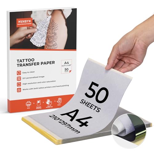MUNBYN 50 Blatt Tattoo Transferpapier A4 Stencil Papier Tattoo Papier für Tattoo Drucker Tattoo Zubehör für Stencil Drucker von MUNBYN
