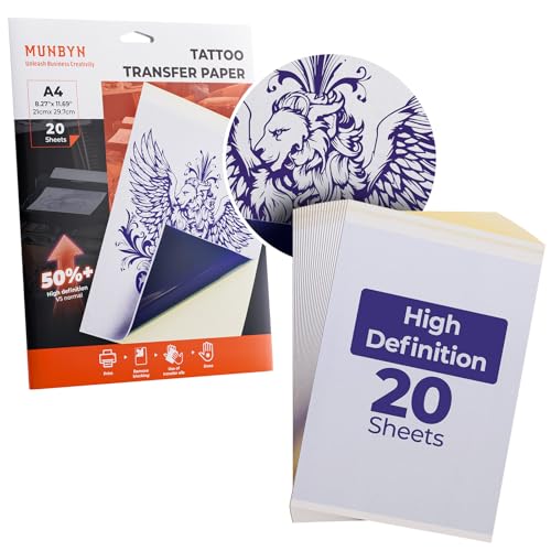 MUNBYN Premium-HD 20 Blatt Tattoo Transferpapier, A4 Stencil Papier, Tattoo Papier für Tattoo Drucker, Tattoo Zubehör für Stencil Drucker von MUNBYN