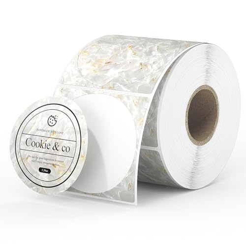 MUNBYN Runde Thermoetiketten, 5,1 cm, direkt, wasserdicht, kreisförmig, Muschelstruktur, Thermo-Aufkleber-Etiketten für kleine Unternehmen, 500 Etiketten/Rolle (weiß) von MUNBYN